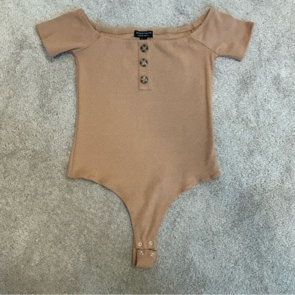 Streetwear Society tan brown ribbed short sleeve off the shoulder bodysuit Sz L - Picture 4 of 9